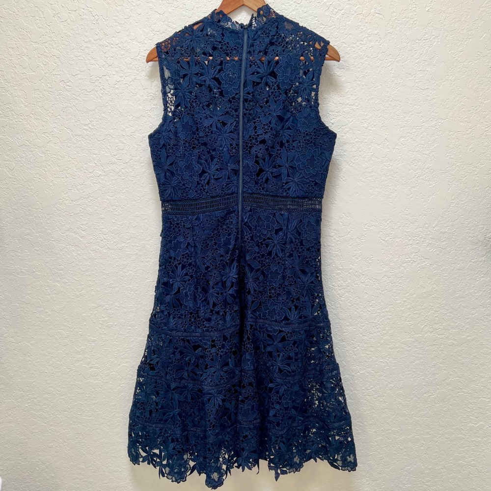 Bardot Navy Blue Floral Guipure Lace High Neck Tiered Cocktail Dress Size 12 - Picture 5 of 9